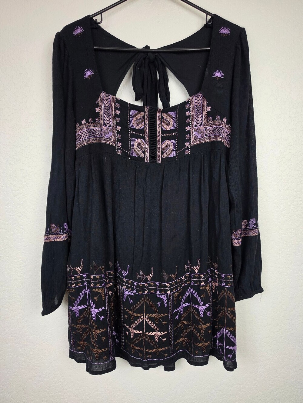 Free People Small Black Long Sleeve Boho Mini Dress